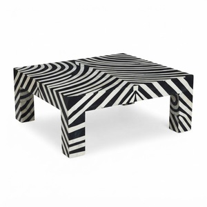 Elegante Mesa de Centro Redonda con Incrustaciones de Hueso Hechas a Mano, Mesa Geométrica con Base de Latón de Lujo, Mueble con Incrustaciones en Blanco y Negro - Product Image 4