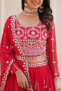 Traditional <b>RED</b> Embroidered <b>Lehenga</b> Set With Dupatta Floor-Length Women's Indian Pakistani <b>Wedding</b> Wear - Product Image 5