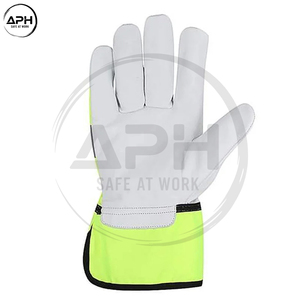 High Visibility Yellow Fabric Split Cowhide Leather <b>Rigger</b> <b>Gloves</b> Reflective Strip Extended Cuff Heavy Duty Work Hand <b>Gloves</b> - Product Image 2