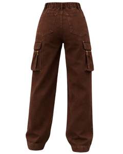 Vaqueros cargo de mezclilla marrón personalizados de cintura alta y pierna ancha con bolsillos con cremallera, estilo urbano, pantalones casuales de ajuste holgado para mujer, OEM personalizado - Product Image 2