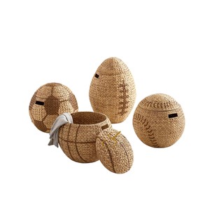 Rugby Ball Water Hyacinth Toy Basket with Handles Woven Kids Storage Box Wicker Decorative Sports Laundry Hamper - Product Image 3