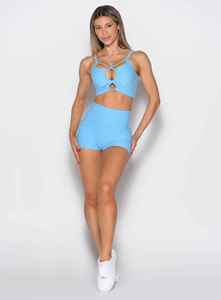 Women's <b>Blue</b> 2 Piece Sports Set Criss-Cross <b>Crop</b> <b>Top</b> High Waist Shorts Solid Color Knitted Breathable Summer Wear - Product Image 5