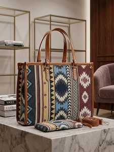 Sac fourre-tout pochette en toile écologique pour femme, motif géométrique ethnique, broderie, fermeture éclair, prêt pour le voyage, personnalisable, tendance, modèle deux - Product Image 3