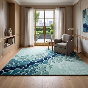 Tapis artisanal haut de gamme en laine bleu océan abstrait, tapis contemporain de luxe à motif galets pour salon, chambre, bureau, décoration intérieure - Product Image 4