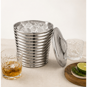 Seau à glace moderne de luxe en acier inoxydable côtelé avec couvercle martelé, refroidisseur à vin et à champagne à double paroi pour la maison - Product Image 4