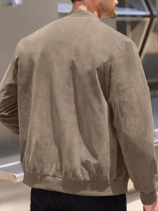 Men's <b>Suede</b> Bomber <b>Jacket</b> Stand Collar Regular Sleeve Solid Color Casual Autumn Style Pullover Closure - Product Image 5