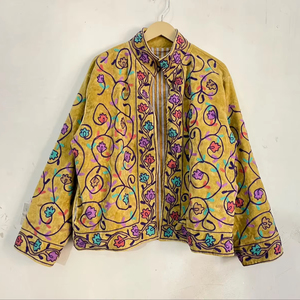 Veste en velours moutarde pour femme, broderie florale, style bohème ethnique, vêtement d'extérieur de créateur - Product Image 1