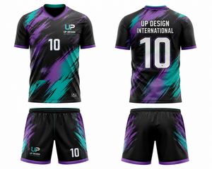 ชุดเสื้อฟุตบอลและกางเกงขาสั้นสีดำม่วงเขียวแบบซับลิเมชั่น ระบายอากาศได้ดี ผลิตจากโพลีเอสเตอร์ ชุดยูนิฟอร์มทีมฟุตบอล ชุดกีฬา - Product Image 4