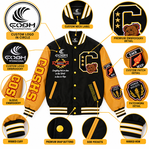 Chaqueta Varsity Negra y Dorada para Hombre, Mangas de Cuero PU, Letras Bordadas, Botones a Presión, Estilo Preppy - Product Image 5