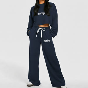 Ensemble sweat à capuche court et pantalon de jogging évasé 100 % coton 350 g/m² léger, couleur unie, tendance, deux pièces, vente en gros OEM/ODM - Product Image 1