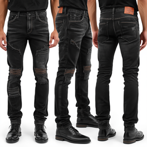 Pantalon en jean premium pour homme, effet vieilli, avec empiècements renforcés, en tissu de coton épais et coupe moderne. - Product Image 2
