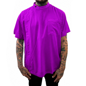 Purple Short Sleeve Barber Shirt with Chest Pocket and <b>Stand</b> Collar - Product Image 1