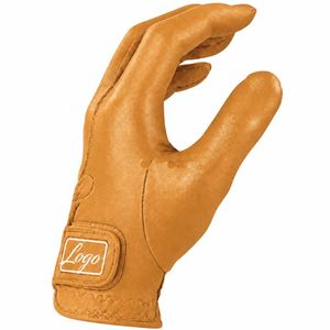 Gant de golf en cuir véritable, pour main droite et gauche, à doigts entiers, à enfiler, unisexe, couleur beige, avec patch logo, camel, marron. - Product Image 2