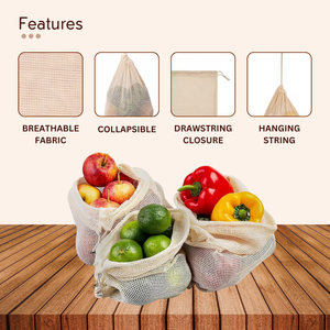 Sacs en filet de coton biologique avec cordon de serrage, petite taille, origine Inde - Sacs de courses portables pour fruits et légumes - Product Image 2