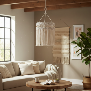 Lámpara de Techo de Macramé de Algodón Hecha a Mano con Cuentas de Madera y Marco de Hierro, Iluminación de Techo con Borlas, Estilo Bohemio, Decoración de Interiores - Product Image 6