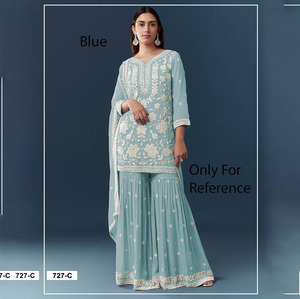 Women's Georgette Unstitched Pakistani Wedding Sharara Suit Designer 3-Piece Suit Set with Mirror & Stone Work for <b>Brides</b> - Product Image 1