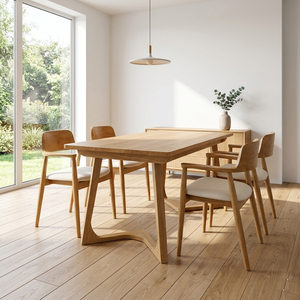 Ensemble de salle à manger scandinave moderne en teck 5 pièces avec chaises à dossier rembourré et table à pieds arqués pour la maison - Product Image 2