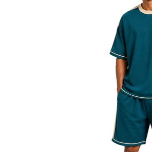 Teal Blue Mens Oversized T Shirt And Shorts <b>Set</b> Beige Contrast Panels Custom Logo Crew Neck Casual Streetwear Wholesale Supplier - Product Image 3