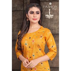 DESIGNER BAUMWOLLE <span class=keywords><strong>JAIPURI</strong></span> BANDHEJ DRUCK ARBEIT <span class=keywords><strong>KURTI</strong></span> MIT PALAZZO GELB - Product Image 1