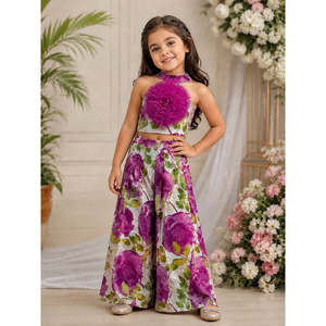 Conjunto de 2 Piezas para Mujer, Elegante Top de Algodón con Estampado Floral, Cuello Halter y Sin Mangas, Pantalones Largos Holgados de Secado Rápido, Blanco y Morado - Product Image 1