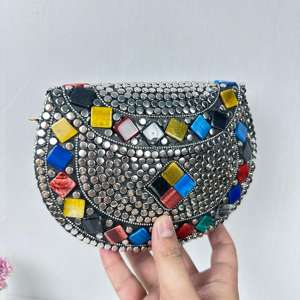 Vintage Traditional Metal Stone Work Evening Bag Women's Traditional Box Clutch <b>Sling</b> Chain Antique Jewel Mosaic Design Clutch - Product Image 3