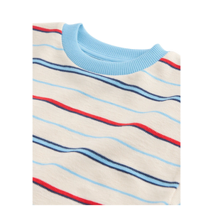T-shirt rayé à manches courtes et col rond pour garçons, haut décontracté en coton tricoté, coupe classique, motif bleu, rouge et blanc - Product Image 5