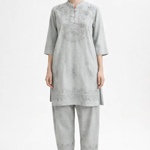 Conjunto de Dos Piezas de Viscosa Bordada para Mujer, Top y Pantalones Casuales con Cuello en V, Fabricante - Product Image 1
