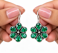 Boucles d'oreilles pendantes florales en argent oxydé |   Boucles d'oreilles pendantes multicolores en pierres précieuses |   Bijoux indiens faits à la main pour femmes, pour les fêtes |