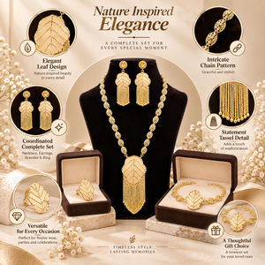 Ensemble de colliers longs à pampilles en forme de feuille pour femmes |   Bijoux élégants dorés à porter en toute occasion |   Ensemble traditionnel de boucles d'oreilles, bracelet et bague assortis - Product Image 6