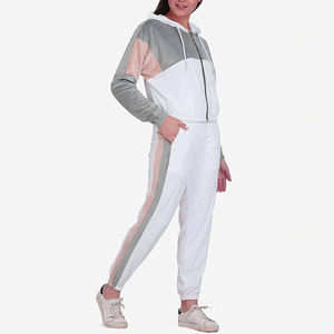 Women Color Blocking Tracksuit Hooded Full Sleeve Zipper Closure Breathable Casual Pants Set Autumn White Gray Polyester Cotton - Product Image 6