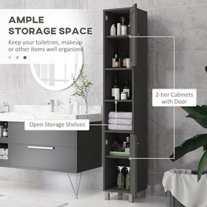 Mobile da bagno alto grigio con specchio sottile torre di lino con ripiani regolabili e porte strette mobili di stoccaggio - Product Image 4
