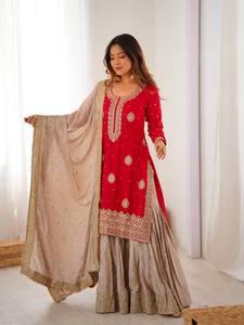 Heavy Embroidered Chinon Silk Quick Dry Indian Pakistani Set <b>Women</b> <b>Kurta</b> Sharara Dupatta Ethnic Wear Wedding Party Outfit - Product Image 1