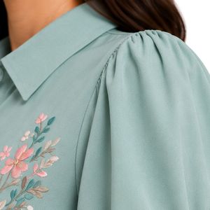 Ensemble chemisier et jupe longue brodés vert menthe et beige pour femme, manches longues, boutonnage, taille haute, tenue modeste deux pièces - Product Image 6