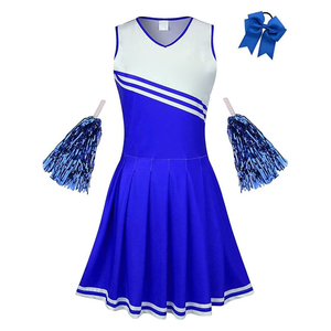 Vestido de Porrista con Bloques de Color Azul y Blanco con Pompones, Uniforme Estilo Falda para Mujeres Adultas - Product Image 2