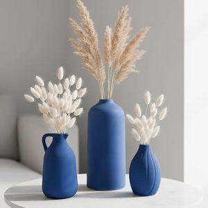 Vase à fleurs en porcelaine bleue scandinave, récipient décoratif de table, finition émaillée, moderne, durable, décoration intérieure - Product Image 1