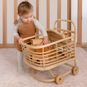 Chariot de courses en bois pour enfants, chariot de supermarché en rotin pour tout-petits, jouets chariots de courses - Product Image 4