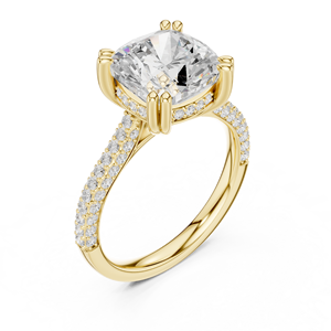 Bague de fiançailles et alliance en or jaune avec diamant taille coussin, halo caché et pierres latérales pour femme - Product Image 3