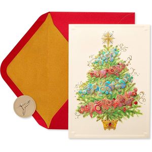 Tarjetas de Felicitación Navideñas en Caja con Sobres, Juego de 12 Unidades con Diseño de Paz y Felicidad con un Árbol de Navidad - Product Image 1
