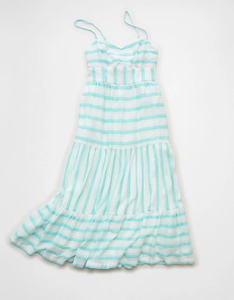 Robe élégante et décontractée pour femmes, bleu et blanc, à rayures florales, asymétrique, taille naturelle, 100% coton tissé, coupe évasée, écologique - Product Image 3