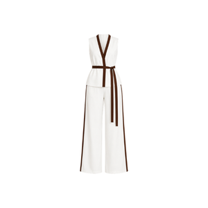 <b>White</b> Women's Long Two-<b>Piece</b> <b>Set</b> V-Neck Jumpsuit with Brown Belt and Side Stripes Loose Fit Full-Length Women Spring/Summer <b>Set</b> - Product Image 1