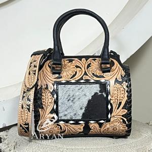 Premium Hot Selling Real Hairon Cowhide Leather Speedy Duffel Bag Women Western Style <b>Tooled</b> Mini Crossbody Travel Handbag Purse - Product Image 1