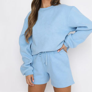 Conjunto de Sudadera Oversize de Cuello Redondo Azul Claro y Pantalones Cortos para Mujer, Manga Larga, Estilo Casual Urbano y Deportivo, Venta al por Mayor OEM ODM - Product Image 1