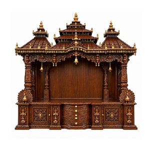 Grand Mandir de prière hindou sculpté à la main en teck, style Gopuram, pour maisons américaines, avec tiroirs - Product Image 1