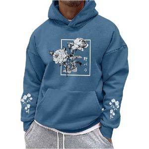 Sudadera con Capucha Azul para Hombre, Estampado Floral, Tejido de Algodón, Informal, para Otoño, con Bolsillo Delantero, Corte Regular - Product Image 2