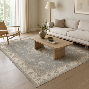 Tapis DECORDEC en laine gris argenté ivoire à motif floral médaillon, écologique, antidérapant, moderne, avec bordure botanique, pour une vie de luxe - Product Image 3