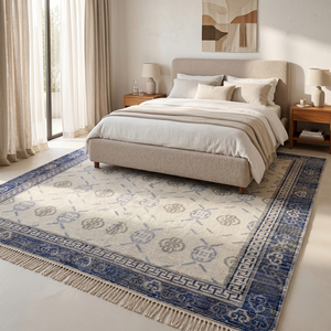 Tapis en laine tufté à la main Indigo Heritage Blue Ivory, rayures horizontales modernes, antidérapant, écologique, à poils épais, pour salon et chambre - Product Image 4