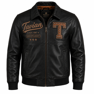 Blouson Bomber Homme en Cuir Véritable Personnalisé OEM ODM avec Patch Brodé, Col Rabattu, Fermeture Éclair, Style Automne - Product Image 1