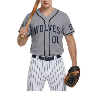 Maillot de baseball Wolves pour hommes, col en V, manches courtes, gris 01, imprimé, vêtements de sport respirants en polyester - Product Image 1