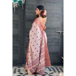 Sari de Noche con Estampado Floral de Seda Lavanda Assam de Elite Weaves con Borde Tejido con Hilo Zari 500g - Product Image 4