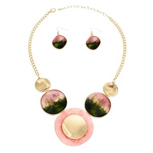 Conjunto de Collar y Pendientes con Disco Dorado en Degradado Rosa y Verde, Joyería de Moda para Mujer, Elegante Collar con Colgante, Accesorio de Regalo para Fiesta - Product Image 4